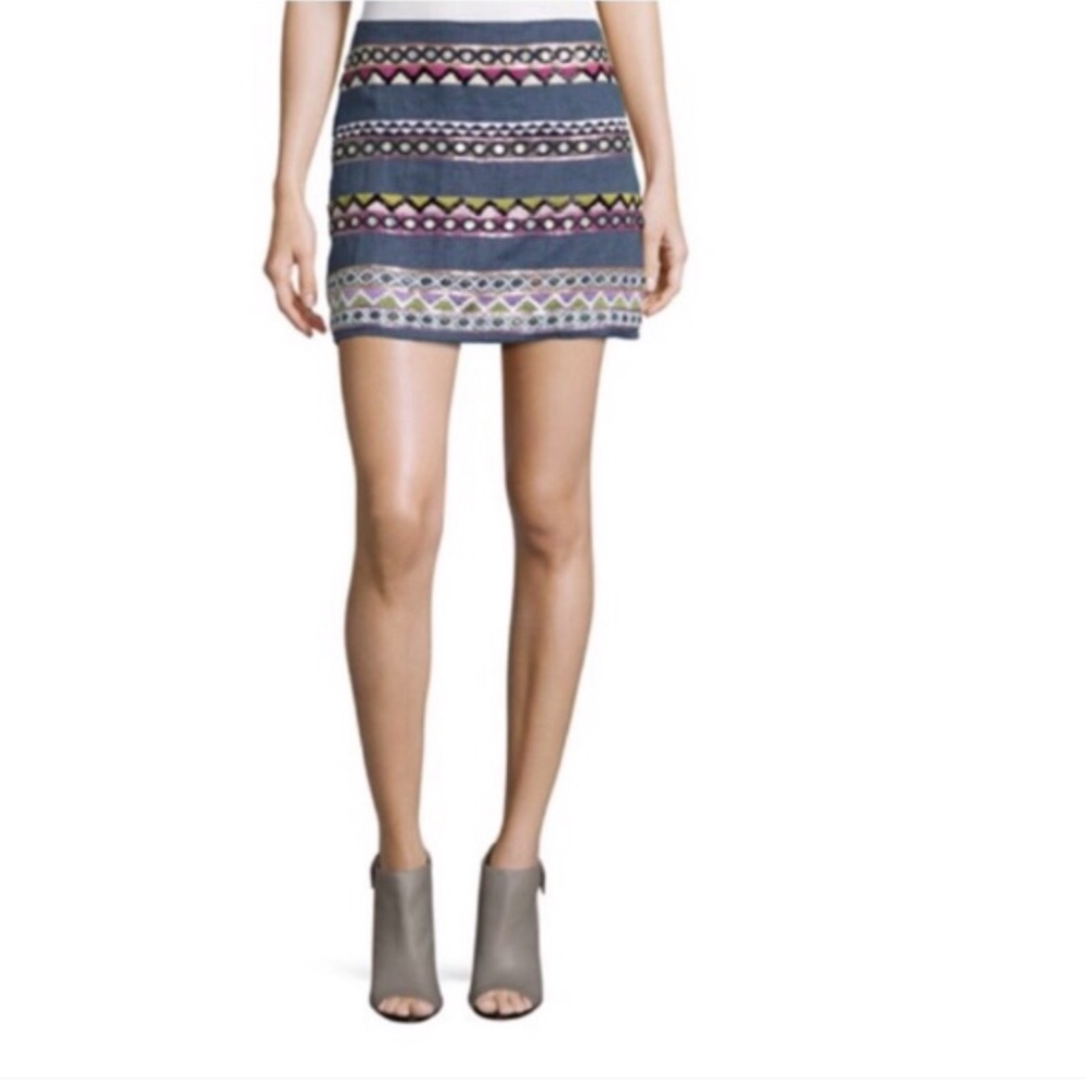 ARTELIER NICOLE MILLER BEADED IKAT MINISKIRT DENIM